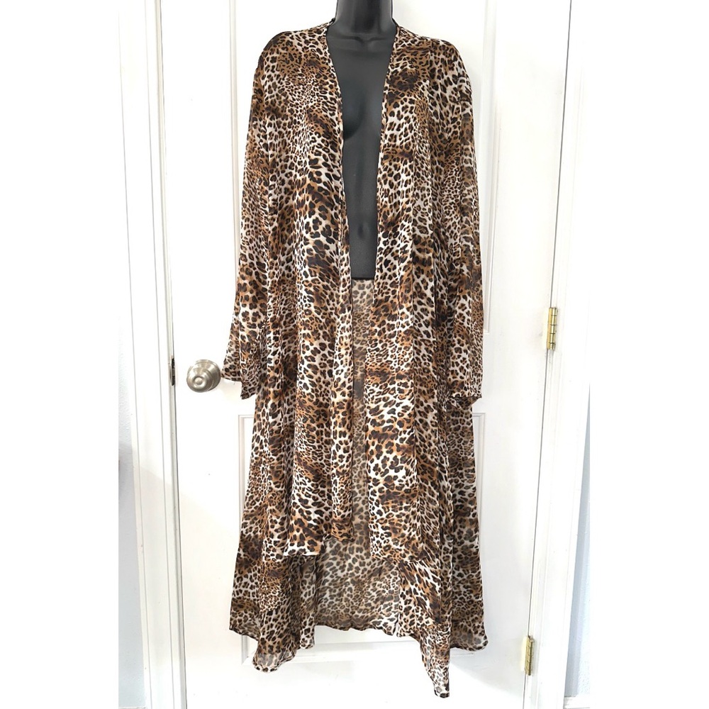 Grace & Emma Brown Leopard Print Western Duster Kimono Shawl